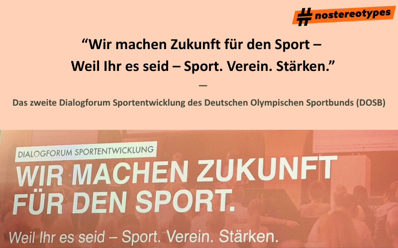 Der Titel des Dialogforums Sportentwicklung steht vor dem organgenen Hintergrund. Darunter befindet sich ein Foto des Mottos.